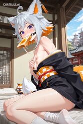 1girl ai_assisted ai_generated animal_ears anime_screenshot anime_style architecture bamboo bedroom bit_gag blushing bread buildings checkered_sash cowboy_shot flat_chest food food_in_mouth foot_fetish fox_ears fox_girl fox_tail from_side gag gagged grey_hair hand_on_breast haori highres interior japanese_clothes kimono looking_at_viewer low_angle mature_female motion_blur motion_lines mouth_hold obi outdoors parody perfect_anatomy purple_eyes running sash sitting_on_bed solo striped_tail style_parody sweatdrop tail toast upper_body upskirt urban viewer_pov virtual_youtuber white_panties