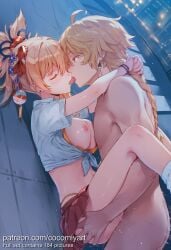 1boy 1girl 2026 aether_(genshin_impact) against_wall ahoge ai_generated arms_around_neck ass ass_grab blonde_hair blush bra bra_pull bracelet braid breasts breasts_out closed_eyes clothed_female_nude_male clothed_sex clothes_pull cocomiyart earrings french_kiss genshin_impact hair_ornament hetero highleg highleg_panties highres hug jewelry kiss large_breasts long_hair looking_at_another medium_breasts navel night nipples nsfw nude pleated_skirt ponytail red_skirt saliva school_uniform sex shirt short_sleeves skirt socks standing standing_sex suspended_congress sweat tied_shirt tongue tongue_out uncensored underwear vaginal white_shirt white_socks yellow_eyes yoimiya_(genshin_impact)