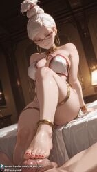1girls ai_generated ayase_seiko barefoot big_breasts blush breasts brown_eyes curvy curvy_body curvy_female dancer dancer_outfit dandadan dreamyan_ai earrings feet foot_fetish foot_focus footjob glasses harem_outfit hi_res high_quality high_resolution highres large_breasts leg_up male_pov pov revealing_clothes seductive seductive_eyes seductive_look seductive_mouth seductive_pose seductive_smile sitting smile smiling thick_ass thick_thighs thighs tied_hair toes uncensored white_hair
