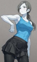 1girls ai_generated arm_at_side armpits bare_arms bare_shoulders black_pantyhose black_skirt blue_tank_top blush breasts clothing collarbone colored_skin covered_navel cowboy_shot female grey_background grey_eyes grey_hair long_hair medium_breasts pale_skin pantyhose pleated_skirt ponytail shirt simple_background skirt sleeveless solo standing tank_top white_skin wii_fit wii_fit_trainer wii_fit_trainer_(female)