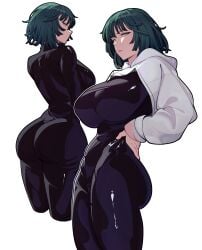 1girls ass ass_shot big_ass big_breasts black_bodysuit bodysuit breasts close-up clothing dark_green_hair female female_only fubuki_(one-punch_man) green_eyes green_hair hair hand_on_hip hips huge_ass huge_breasts jacket lixiart multiple_views one-punch_man short_hair solo solo_female thick_thighs thighs white_background white_jacket