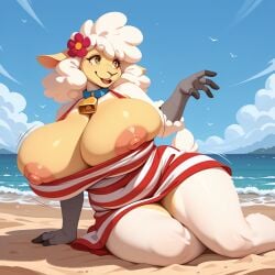 ai_generated areola beach breasts cow_bell flower flower_in_hair massive_breasts nipples sand sha_(the_walten_files) sheep sheep_girl tagme the_walten_files thick_thighs yellow_eyes