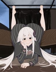 arched_back ass_up babywipes barefoot blushing echidna echidna_(re:zero) feet feet_up hair_ornament large_ass legs_up long_hair long_skirt looking_at_viewer medium_breasts pale-skinned_female pale_skin smiling_at_viewer smirking smirking_at_viewer sole_female soles sorceress teasing teasing_viewer toes white_hair witch