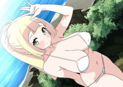 1girls bangs bikini blonde_hair blush breasts cleavage day green_eyes large_breasts lillie_(pokemon) long_hair looking_at_viewer navel pokemon pokemon_sm ponytail sky smile solo swimsuit water waving white_bikini