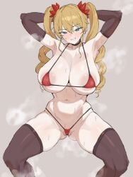 1girl areola_slip armpits arms_behind_back arms_up ass_visible_through_thighs bare_shoulders belly bikini black_choker black_gloves black_thighhighs blonde_hair blue_eyes blush bowlegged_pose breasts choker claire_harvey cleavage clenched_teeth collarbone commentary_request commission drill_hair elbow_gloves feet_out_of_frame gloves grey_background groin hair_between_eyes hair_ornament halterneck highres huge_breasts hundred_(light_novel) large_areolae legs_apart long_hair micro_bikini navel parted_lips partially_visible_vulva red_bikini sidelocks simple_background skeb_commission skindentation sochin_douji solo steaming_body string_bikini sweat swimsuit teeth thighhighs thighs twin_drills twintails v-shaped_eyebrows