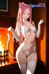 1girl 2d 4k 8k ai_assisted ai_generated alluring anime_coloring anime_screencap anime_screenshot anime_style athletic attractive bare_midriff beautiful bedroom_setting bell big_booty blush breasts cat_ears cat_tail cinematic_lighting cleavage close_up collarbone confident dark dark_lighting defined_jawline depth_of_field detailed_background detailed_face detailed_skin digital_illustration dim_lighting elegant erotic eye_makeup eyelashes eyeliner face_focus facing_viewer fair_skin fireplace fit flat_stomach formal full_lips furniture g_string garter_belt gorgeous happy high_cheekbones high_detail highly_detailed highres kokonoe long_hair pink_hair ponytail yellow_eyes
