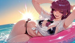 1girl 1girls ai_generated arms_behind_head arms_up balecxi beach bikini bikini_under_clothes black_bikini black_bow black_swimsuit blunt_bangs bocchi_the_rock! bow braid braided_ponytail breasts clothing curvaceous curvaceous_female curvaceous_figure curvy curvy_figure earrings female female_focus hair_bow hair_over_shoulder hiroi_kikuri inflatable_raft innertube inviting inviting_to_sex jewelry large_breasts long_hair looking_at_viewer low-braided_long_hair lying navel ocean on_side open_mouth outdoors presenting presenting_ass presenting_breasts presenting_hindquarters presenting_pussy presenting_self purple_eyes purple_hair seductive seductive_look seductive_smile see-through see-through_shirt sharp_teeth shirt short_sleeves side-tie_bikini_bottom single_braid smile solo string_bikini sun sunset swim_ring swimsuit t-shirt teeth thighs tied_shirt voluptuous voluptuous_female water wet wet_clothes wet_shirt white_shirt