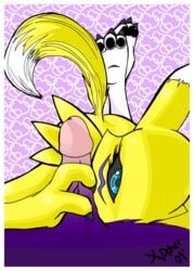 anthro black_sclera blue_eyes color digimon fur furry handjob interspecies male renamon tagme unknown_gender xdpher yellow_fur