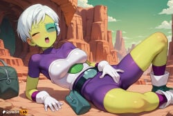 1girls ai_generated arm_support artist_name bag belt blue-tinted_eyewear blush bodysuit boots breasts cheelai closed_eyes cloud colored_skin day dragon_ball dragon_ball_(series) dragon_ball_super dragon_ball_super_broly female_human female_masturbation fingering fingering_through_clothes gloves green-tinted_eyewear green_skin hi_res lying masturbation masturbation_through_clothes medium_breasts one_eye_closed open_mouth outdoors patreon_username purple_bodysuit rule34lab scouter short_hair skin_tight sky socks solo sweat teeth through_clothes tinted_eyewear white_gloves white_hair
