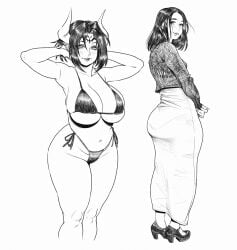 2girls armpits arms_behind_head arms_up artist_request belly belly_button big_ass big_breasts bikini black_hair clothed clothed_female curvy face_markings fat_ass female female_only horns huge_ass huge_breasts large_ass large_breasts long_skirt looking_at_viewer markings midriff monochrome original original_character pointy_ears sketch skirt succubus thick_thighs transformation