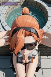 1girl 3d ai_assisted ai_generated balls_deep brown_eyes cowboy_shot deep deepthroat dominated facing_viewer hand_behind_head hands_behind_back high_quality highres large_breasts looking_at_viewer mature_female orange_hair petite_body pov ripped_clothes sitting_on_knees skinny small_breasts small_tits solo stone tiny_tits water well young
