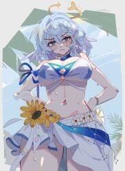 1girls 2026 big_breasts halo honkai:_star_rail honkai_(series) infamcantaloupe looking_at_viewer pout robin_(honkai:_star_rail) robin_(summeretto)_(honkai:_star_rail) solo solo_female sweat swimsuit tagme unfamousradish