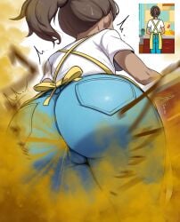 alternate_version_available apron ass big_ass embarrassed fart fart_cloud fart_fetish jeans kitchen low-angle_view milf rhythm_heaven rhythm_heaven_groove sachiko_diamond tagme