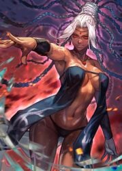 1girl big_breasts black_panties breasts cleavage dark-skinned_female dark_skin dreadlocks fangs female_focus glowing glowing_eyes grey_hair hair_bun huge_breasts hungry_clicker large_breasts mature_female navel octopath_traveler octopath_traveler:_champions_of_the_continent octopath_traveler_0 octopath_traveler_i official_art outstretched_arm panties revealing_clothes sandals single_hair_bun square_enix tagme_(artist) tatloch_(octopath_traveler) thick_thighs thighs thong thong_panties toned toned_female underboob underwear villainess voluptuous_female wide_hips