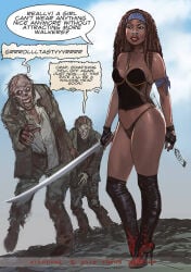 1girls 2015 big_breasts breasts brown_hair cleavage dark-skinned_female dark_skin dialogue female female_focus frans_mensink headband high_heel_boots katana lace_panties male michonne_grimes midriff panties revealing_clothes skimpy solo_focus sword text the_walking_dead thick_thighs zombie