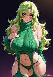 1girls ai_generated big_breasts bleach blush candice_catnipp curvy green_eyes green_hair light-skinned_female long_hair solo sweat tagme thick_thighs voluptuous wide_hips yorai