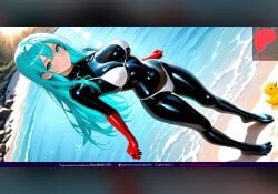 1girls ai_generated beach big_breasts bikini bodysuit boobs breasts catsuit clothed_female clothing female kuriboh_ex_(artist) latex latex_bodysuit latex_clothing latex_skinsuit latex_suit long_hair oppai rubber rubber_clothing rubber_suit sea skin_tight skinsuit summer swim_ring turquoise_eyes turquoise_hair