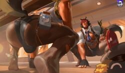 animal_ears animal_tail ass ass_focus back_view bara big_ass big_ass_(male) big_butt big_butt_(male) big_pecs bulge butt clothed clothing gloves izeumane komano_manato male male_focus male_only muscular muscular_male pantyhose pecs ripped_pantyhose solo solo_focus solo_male squatting tail zenless_zone_zero