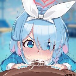 arona_(blue_archive) bigger_male blowjob blowjob_face blue_archive blue_eyes blue_hair female male mouthful pubic_hair saliva smaller_female