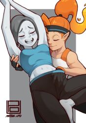 2girls armpits arms_up barefoot blue_skin breasts capri_pants closed_eyes clothing colored_skin crop_top eyes_closed female fiery_hair fingerless_gloves gloves grey_hair grey_skin hand_under_clothes headband imminent_fingering long_hair male mateus_upd medium_breasts midriff multiple_girls navel nintendo open_mouth orange_hair pants pointy_ears ponytail ring_fit_adventure ring_fit_trainee_(female) smile sweat sweatpants tank_top wii_fit wii_fit_trainer wii_fit_trainer_(female) yoga_pants yuri