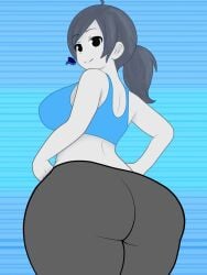 1girls ahoge ass back bare_shoulders black_eyes black_hair breasts capri_pants colored_skin crop_top curvy female from_behind hands_on_own_hips huge_ass large_breasts long_hair looking_back midriff pants ponytail smile solo spandex sports_bra striped_background tank_top thick_thighs thighs white_skin wide_hips wii_fit wii_fit_trainer wii_fit_trainer_(female) yoga_pants