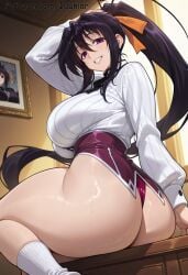 1girl ai_generated akeno_himejima arm_up ass bangs black_hair breasts hair_ribbon high_school_dxd himejima_akeno iduniar indoors large_breasts long_hair long_sleeves looking_at_viewer looking_back ponytail purple_eyes ribbon school_uniform shirt sitting smile socks solo thighs very_long_hair white_shirt