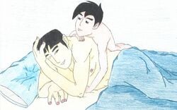 2boys asian bed black_hair danny_fenton danny_phantom erect_nipples gay hand_on_own_head inviting_to_sex kwan looking_at_partner looking_at_viewer male male_only nude one_eye_closed yaoi