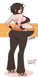 arbrianarchy black_hair black_lipstick black_pants dyed_hair hand_on_waist looking_back oc original_character pants pregnant pregnant_belly pregnant_female short_hair tagme