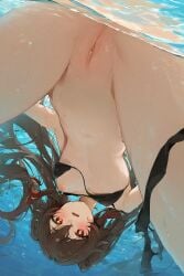 1girl ai_generated bikini black_bikini brown_hair genshin_impact hu_tao_(genshin_impact) long_hair pussy red_eyes small_breasts solo uncensored underwater