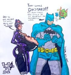 amazonrider batman:_arkham_knight batman_(bruce_wayne) batman_(series) belly_button big_ass big_belly big_breasts big_butt big_thighs bodysuit bodysuit_open catwoman catwoman_(arkham) cleavage dc dc_comics dcau hands_on_belly outie_navel pregnant pregnant_belly pregnant_female self_insert selina_kyle tan_body tanned_female tanned_skin thick_ass thick_thighs traditional_art traditional_media_(artwork) unzipped unzipped_bodysuit wide_hips wide_thighs