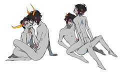 4boys anal ass black_hair closed_eyes diphallia diphallism facepaint gamzee_makara gay glasses grey_hair homestuck horns karkat_vantas ms_paint_adventures multi_penis naked open_mouth penis pointy_ears sharp_teeth short_hair sollux_captor tavros_nitram troll white_background yellow_eyes