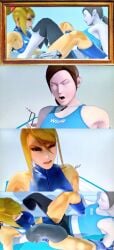 1boy 1girl 2girls 3d bare_shoulders bicycle black_hair blonde_hair blue_eyes blue_leotard blue_skin blue_sports_bra blue_tank_top bodysuit boots breasts brown_hair closed_eyes clothes_writing clothing colored_skin crop_top crossover exercise eyeshadow female grey_hair grinding gun halterneck handgun hetero kicking knee_boots lips long_hair lying makeup male medium_breasts metroid midriff multiple_girls on_back one_eye_closed open_mouth pants paralyzer picture_frame ponytail ryona samus_aran scissoring screaming screenshot sexually_suggestive short_hair shorts sidelocks skin_tight solo spandex sports_bra sportswear spread_legs super_smash_bros. tank_top upper_body weapon what white_skin wii_fit wii_fit_trainer wii_fit_trainer_(female) wings wrestling yuri zero_suit
