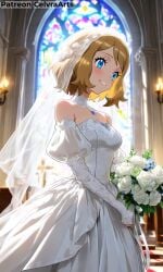 1girl ai_generated church church_background love pokemon pokemon_xy serena_(pokemon) serena_(pokemon_games) wedding wedding_dress