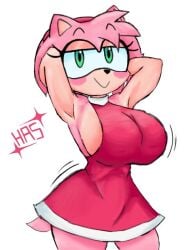 1girls amy_rose arms_behind_head arms_up artist_name artist_request bare_shoulders blush breasts closed_mouth covered_navel cowboy_shot cropped_legs dress furry green_eyes happy large_breasts looking_at_viewer pink_hair rating short_hair simple_background sleeveless sleeveless_dress smile solo sonic_(series) sonic_the_hedgehog_(series) sparkle standing white_background white_gloves