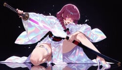 1girl 1girls ai_generated balecxi black_background black_bow black_nails blunt_bangs blush bocchi_the_rock! bow braid breasts clothing curvaceous curvaceous_female curvaceous_figure curvy curvy_figure female female_focus fingernails full_body glowing_weapon hair_bow hair_over_shoulder high_heels hiroi_kikuri holding holding_sword holding_weapon japanese_clothes katana kimono knee_up legs long_hair long_sleeves looking_at_viewer low-braided_long_hair medium_hair nail_polish o-ring obi on_one_knee open_mouth purple_eyes purple_hair reflection reflective_floor robe sash scabbard see-through sheath simple_background single_braid solo squatting stiletto_heels sword teeth thigh_strap thighs traditional_clothes unsheathing voluptuous voluptuous_female wafuku weapon white_footwear white_kimono wide_sleeves