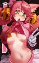 1girls animal_ears bell blush breasts cat_ears cat_girl deltarune deltarune_chapter_5 gloves green_eyes heart heart-shaped_pupils jingle_bell looking_at_viewer mad_mew_mew medium_breasts mew_mew_(undertale) mew_mew_kissy_cutie mouth_hold navel pink_(deltarune) pink_hair pink_shirt sakaste shirt_lift short_hair solo symbol-shaped_pupils tagme underboob undertale_(series) white_gloves
