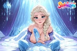 1boy 1girl ai_assisted ai_generated bare_shoulders blonde_hair blue_eyes braid breasts closed_mouth collarbone disney disney_princess dress elsa elsa_(frozen) erection eyelashes eyeliner eyeshadow fingernails frozen frozen_(film) frozen_2 hair_over_shoulder handjob hetero ice large_breasts large_penis lips lipstick long_hair looking_at_viewer makeup mascara nipples off_shoulder one_breast_out patreon penis penis_grab pov princess single_braid smile snowflakes solo_focus stelmazura uncensored veins veiny_penis