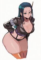 1girls armband arms_behind_back black_hair black_panties blue_eyes blush breasts cleavage closed_mouth forehead gradient gradient_background hair_pulled_back large_breasts leaning_forward long_hair looking_at_viewer navel nico_robin one_piece panties smile solo striped thighhighs underwear