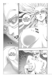 1boy 1girl breasts comic completely_nude covering_breasts covering_nipples covering_privates english_text eye_focus giant giantess glasses grabbing_own_breast greyscale huge_breasts large_breasts left-to-right_manga long_hair monochrome murata nipples nude official_art one-punch_man psykos size_difference sound_effects tatsumaki