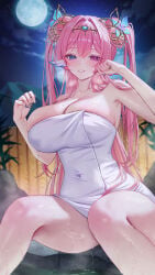 1girl areola_slip black_nails blue_eyes blue_nails blush breasts character_request cleavage collarbone commentary copyright_request full_moon hair_intakes hands_up heart heart_in_eye heterochromia highres huge_breasts lichiko long_hair looking_at_viewer moon multicolored_nails nail_art naked_towel night onsen outdoors pink_eyes pink_hair purple_nails sitting solo untranslatable_commentary