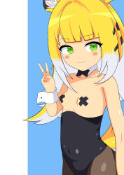 1girls :3 animal_ear_fluff animal_ears bare_shoulders black_bow black_bowtie black_leotard black_pantyhose blonde_hair blue_background blunt_bangs blush_stickers bow bowtie breasts brown_pantyhose bunnysuit closed_mouth clothing covered_navel cowboy_shot cute cute_face detached_collar female funny green_eyes hand_up ju_fufu ju_fufu_(zenless_zone_zero) kawaii leotard long_hair looking_at_viewer mihoyo mihoyo_technology_(shanghai)_co._ltd. multicolored_hair nontraditional_playboy_bunny pantyhose pasties playboy_bunny redpmb simple_background small_breasts smile solo strapless strapless_leotard tail tape tape_on_nipples tiger_ears tiger_girl tiger_tail two_tone_background two_tone_hair white_hair wrist_cuffs zenless_zone_zero