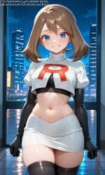 1girl ai_generated corrupted corruption may_(pokemon) pokemon pokemon_rse team_rocket team_rocket_uniform