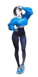 1girls ai_generated arm_up black_eyes black_hair black_pants blue_footwear blue_shirt blue_sweater breasts clothes_writing clothing colored_skin covered_navel crop_top crop_top_overhang cropped_shirt cropped_sweater eatsleep1111 female footwear full_body grey_eyes grin hand_on_own_hip high-waist_pants high-waist_shorts jewelry leggings long_sleeves looking_at_viewer midriff one_eye_closed pale_skin pants shoes short_hair simple_background smile sneakers solo spandex standing sweater v white_background white_skin wii_fit wii_fit_trainer wii_fit_trainer_(female) yoga_pants
