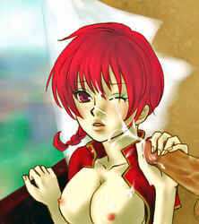 1boy 1girls braid breasts chinese_clothes ejaculation fellatio female handjob human male nipples open_clothes open_shirt oral penis ranma-chan ranma_1/2 ranma_saotome red_eyes red_hair single_braid straight tangzhuang wince yuki-f15