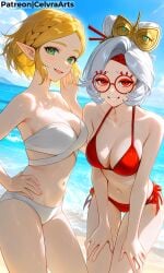 2girls ai_generated beach beach_background bikini breath_of_the_wild princess_zelda purah purah_(age_of_calamity) purah_(tears_of_the_kingdom) sexy tears_of_the_kingdom the_legend_of_zelda white_hair zelda_(breath_of_the_wild) zelda_(tears_of_the_kingdom)