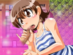 1boy 1girl azukino_anko_(manjuverunu) blush blush_stickers breasts brown_eyes brown_hair camisole censored collarbone covered_nipples fellatio game_asset game_screenshot_background grabbing_another's_penis gradient_background licking licking_penis looking_up manjuverunu_no_sen_otome mosaic_censoring non-web_source official_art oral penis screenshot_background self-datamine siubomanjyu small_breasts striped_camisole tongue tongue_out upper_body variant_set visual_novel_cg
