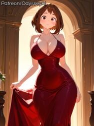 1girl 1girls ai_generated alternate_breast_size artist_name ass backlighting bare_arms bare_shoulders big_ass big_breasts blush blush_lines blushing blushing_at_viewer boku_no_hero_academia breasts breasts_bigger_than_head brown_eyes brown_hair bubble_ass bubble_butt cleavage closed_mouth clothed clothed_female cocktail_dress collarbone contrapposto cowboy_shot curvaceous curvaceous_body curvaceous_female curvaceous_figure curves curvy curvy_body curvy_female curvy_figure curvy_hips dress evening_gown female female_focus female_only flower from_front front_view fully_clothed halter_dress halterneck hourglass_figure huge_ass huge_breasts huge_butt impossible_clothes indoors large_ass large_breasts long_dress looking_at_viewer my_hero_academia narrow_waist ochako_uraraka odysseyai parted_lips patreon_logo patreon_username plunging_neckline red_dress shiny_skin short_hair sidelocks skindentation skirt_hold sleeveless sleeveless_dress solo solo_female solo_focus standing taut_clothes thick thick_ass thick_thighs thighs thin_waist tight_clothes tight_dress uraraka_ochako vase web_address wide_ass wide_hips