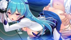 1boy 1girl :o arch_kalmia ass bdsm bent_over blue_hair blue_skirt blush bondage bound bound_wrists breasts breasts_out chain chestnut_mouth clothed_sex clothes_lift cuffs dress dress_lift dress_shirt fuyunagi_tsubasa game_asset gloves gold_trim grabbing_another's_ass groping hair_between_eyes hair_ornament hairclip handcuffs hanging_breasts hetero indoors lactation long_hair long_sleeves magical_girl medium_breasts milking_machine nipples non-web_source official_art open_clothes open_mouth open_shirt panties panty_pull rape red_eyes restrained satou_takumi self-datamine sex sex_from_behind shinsou_kenki_arch_saver shiny_skin shirt skirt skirt_lift solo_focus standing standing_sex tears thighhighs underwear vaginal variant_set visual_novel_cg white_gloves white_shirt