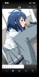 1boy 1girl ahoge belt black_belt blue_eyes blue_hair censored chair commentary_request dutch_angle fake_screenshot fellatio from_side gaditava grey_pants grey_skirt hetero highres make_heroine_ga_oo_sugiru! medium_hair mosaic_censoring on_chair oral pants penis pleated_skirt profile school_chair school_uniform shirt shirt_tucked_in sitting skirt squatting straight_hair tsuwabuki_high_school_uniform white_shirt yanami_anna