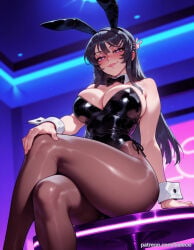 1girl ai_generated animal_ears balecxi bare_shoulders black_bow black_bowtie black_hair black_leotard blush brown_pantyhose cleavage crossed_legs detached_collar fake_animal_ears fingernails from_below hair_ornament hairclip large_breasts lips long_hair looking_at_viewer patreon_username playboy_bunny purple_eyes rabbit_ears rabbit_hair_ornament sakurajima_mai seishun_buta_yarou_wa_bunny_girl_senpai_no_yume_wo_minai shiny_clothes sitting smile solo strapless strapless_leotard thighs wrist_cuffs
